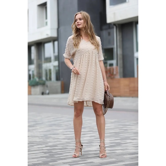 BLACK-Swiss Dot Babydoll 3/4 Sleeve Scoop Neck Mini Sundress w/ Lining - Picture 2 of 6